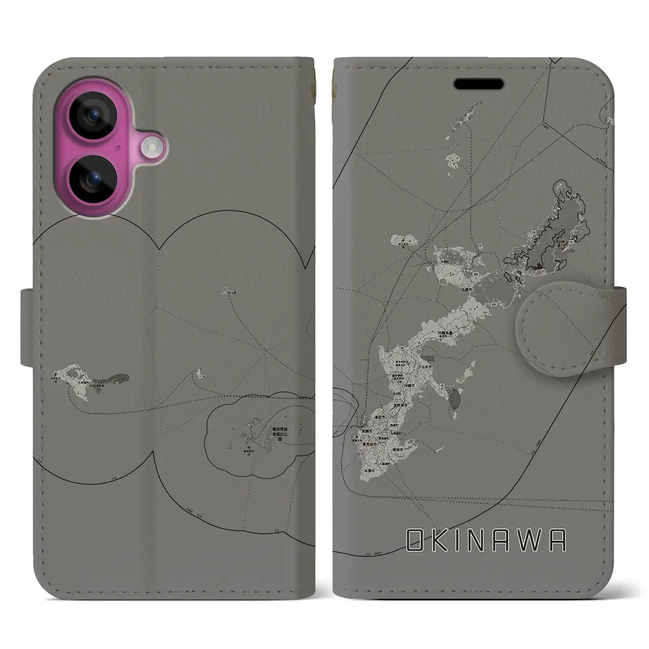 【沖縄2(沖縄県)】地図柄iPhoneケース(手帳タイプ)モノトーン・iPhone 16 Pro 用