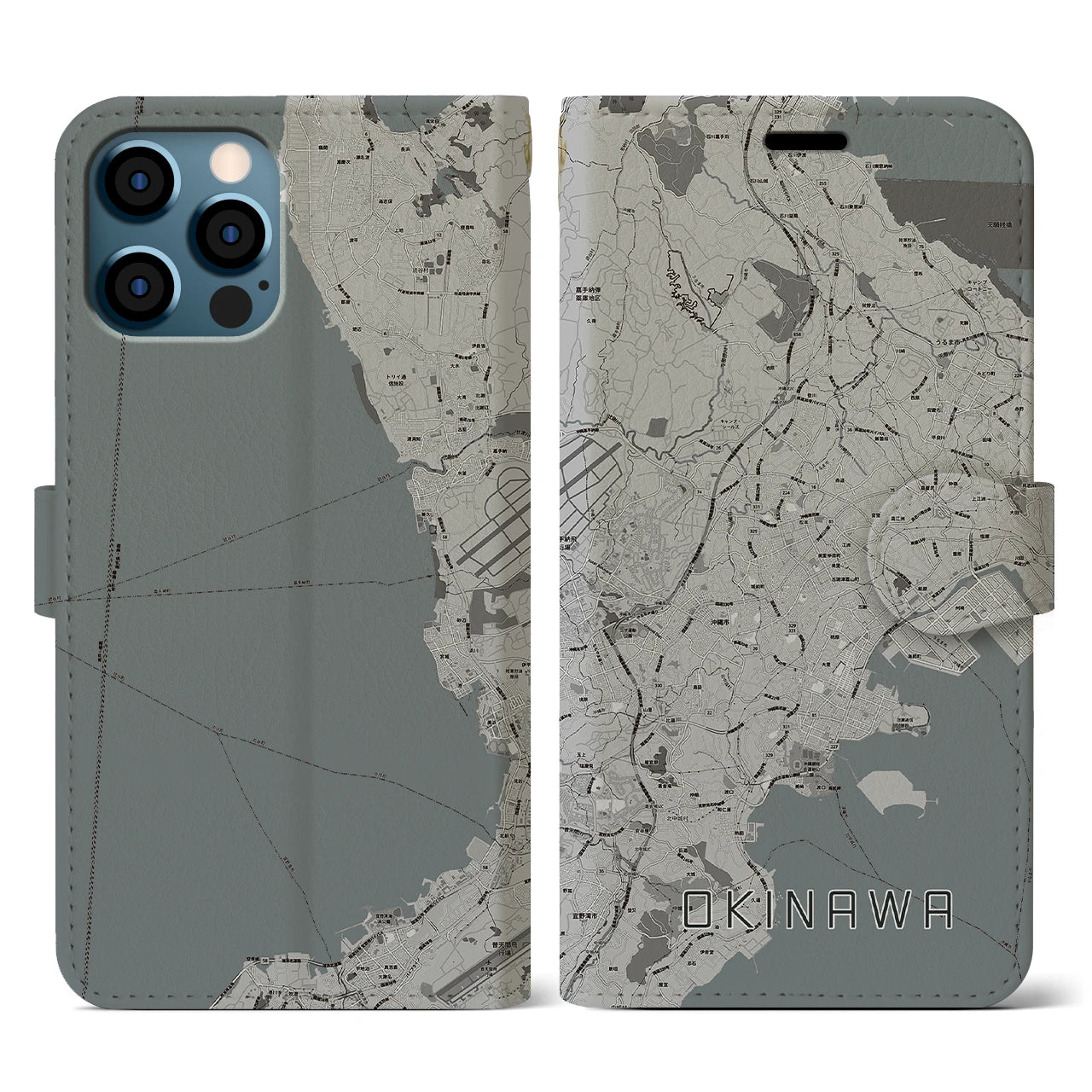 【沖縄(沖縄県)】地図柄iPhoneケース(手帳タイプ)モノトーン・iPhone 12 / 12 Pro 用