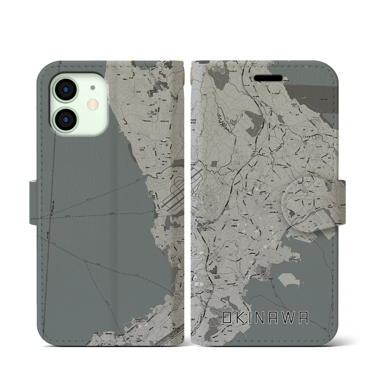 【沖縄(沖縄県)】地図柄iPhoneケース(手帳タイプ)モノトーン・iPhone 12 mini 用