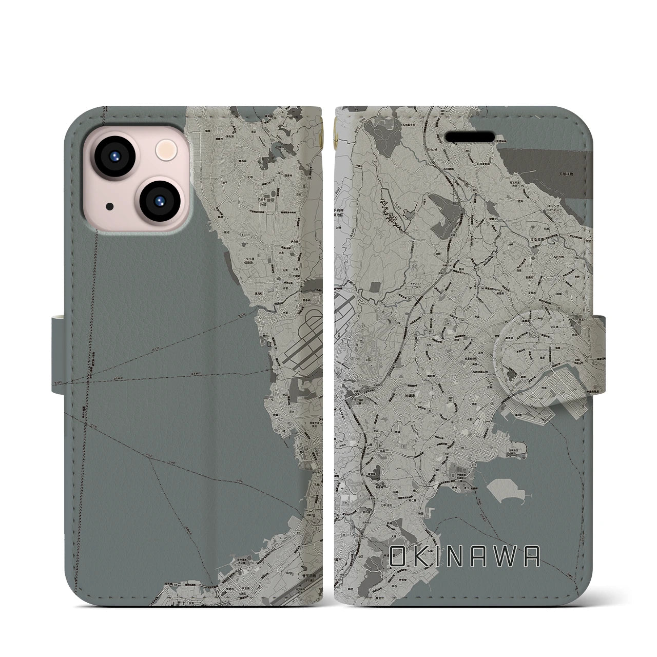 【沖縄(沖縄県)】地図柄iPhoneケース(手帳タイプ)モノトーン・iPhone 13 mini 用