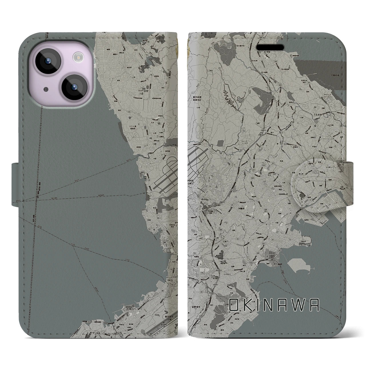 【沖縄(沖縄県)】地図柄iPhoneケース(手帳タイプ)モノトーン・iPhone 14 用