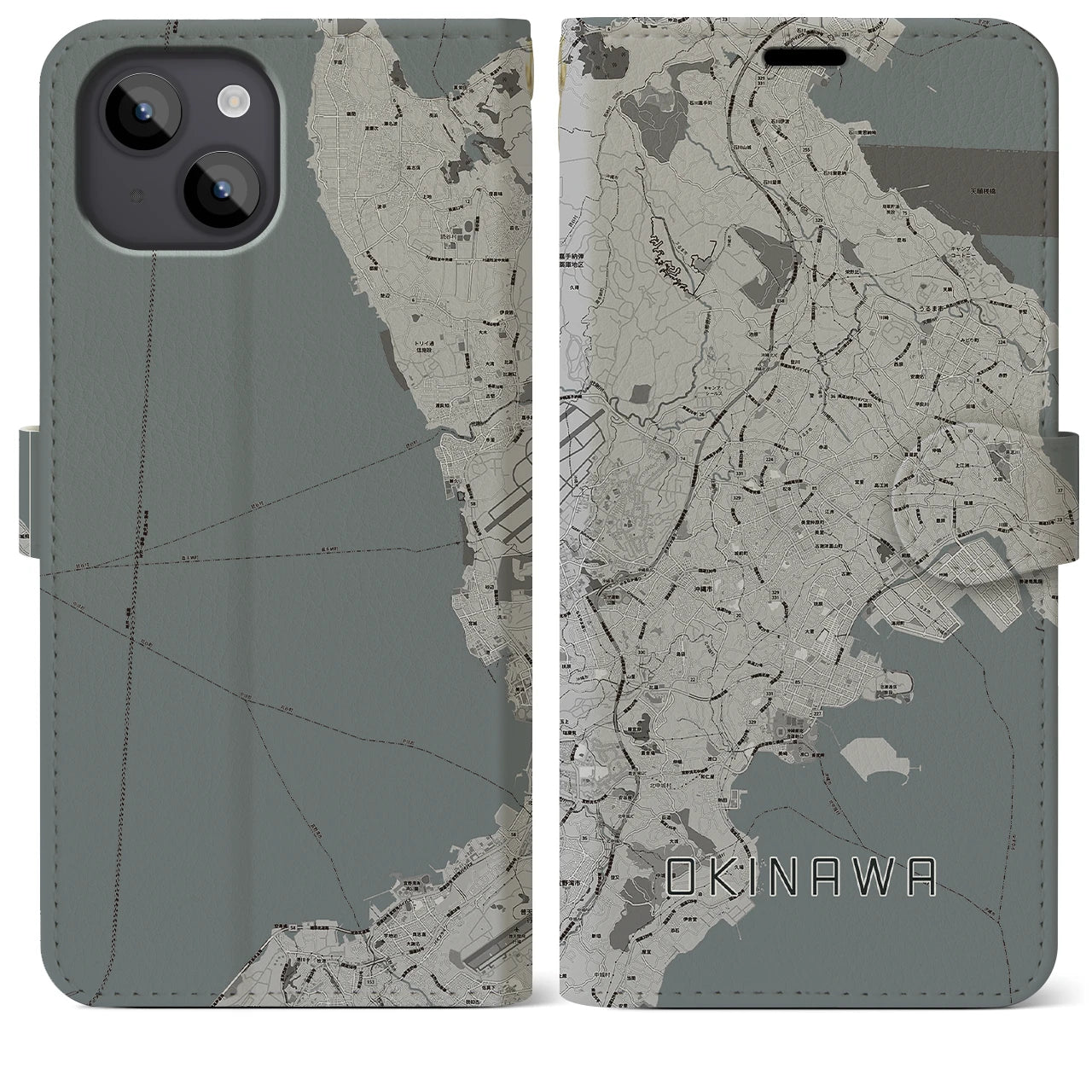 【沖縄(沖縄県)】地図柄iPhoneケース(手帳タイプ)モノトーン・iPhone 14 Plus 用