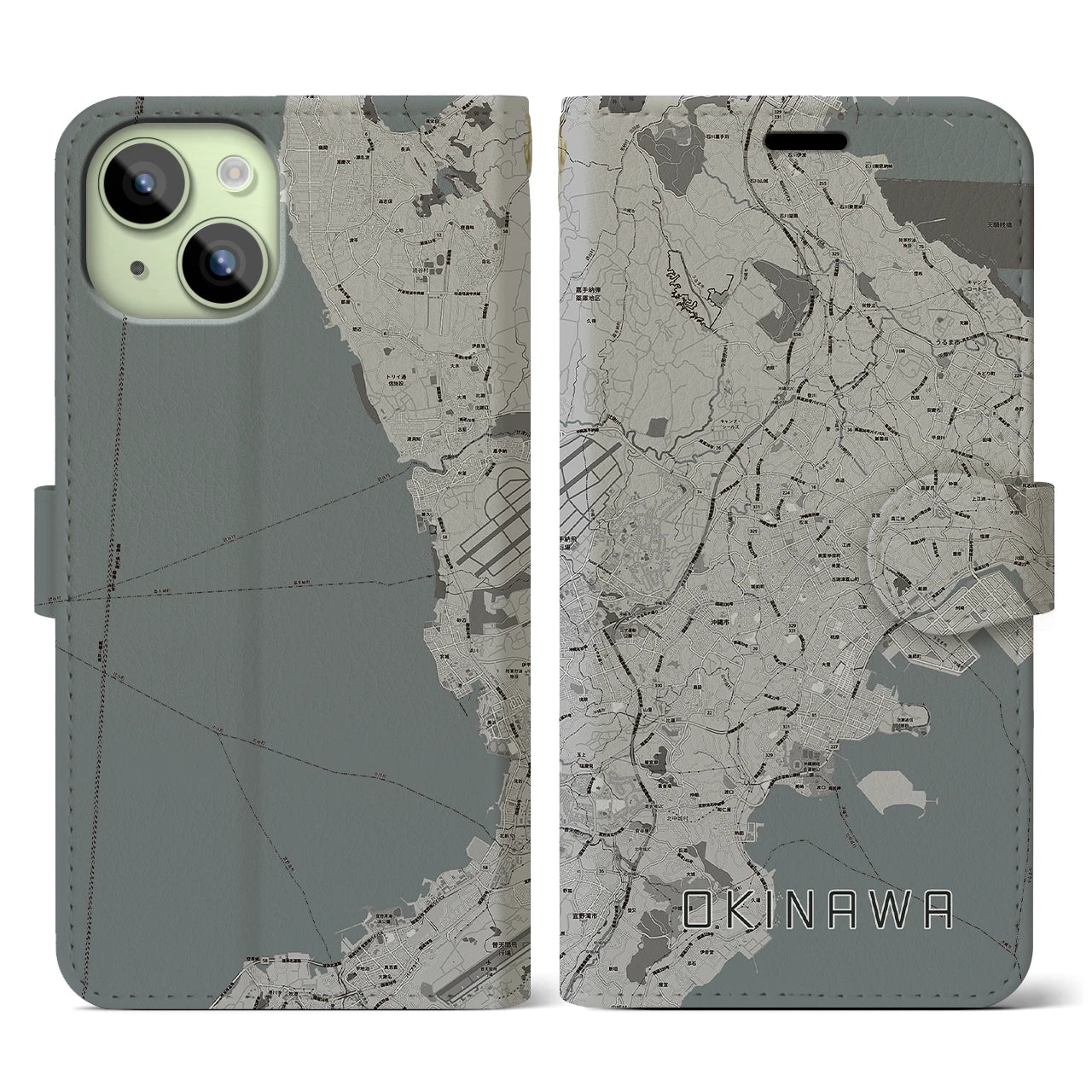 【沖縄(沖縄県)】地図柄iPhoneケース(手帳タイプ)モノトーン・iPhone 15 用