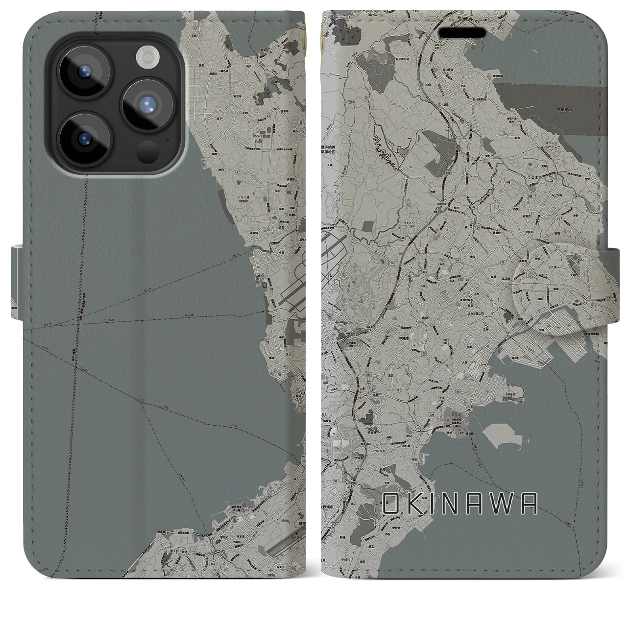 【沖縄(沖縄県)】地図柄iPhoneケース(手帳タイプ)モノトーン・iPhone 15 Pro Max 用