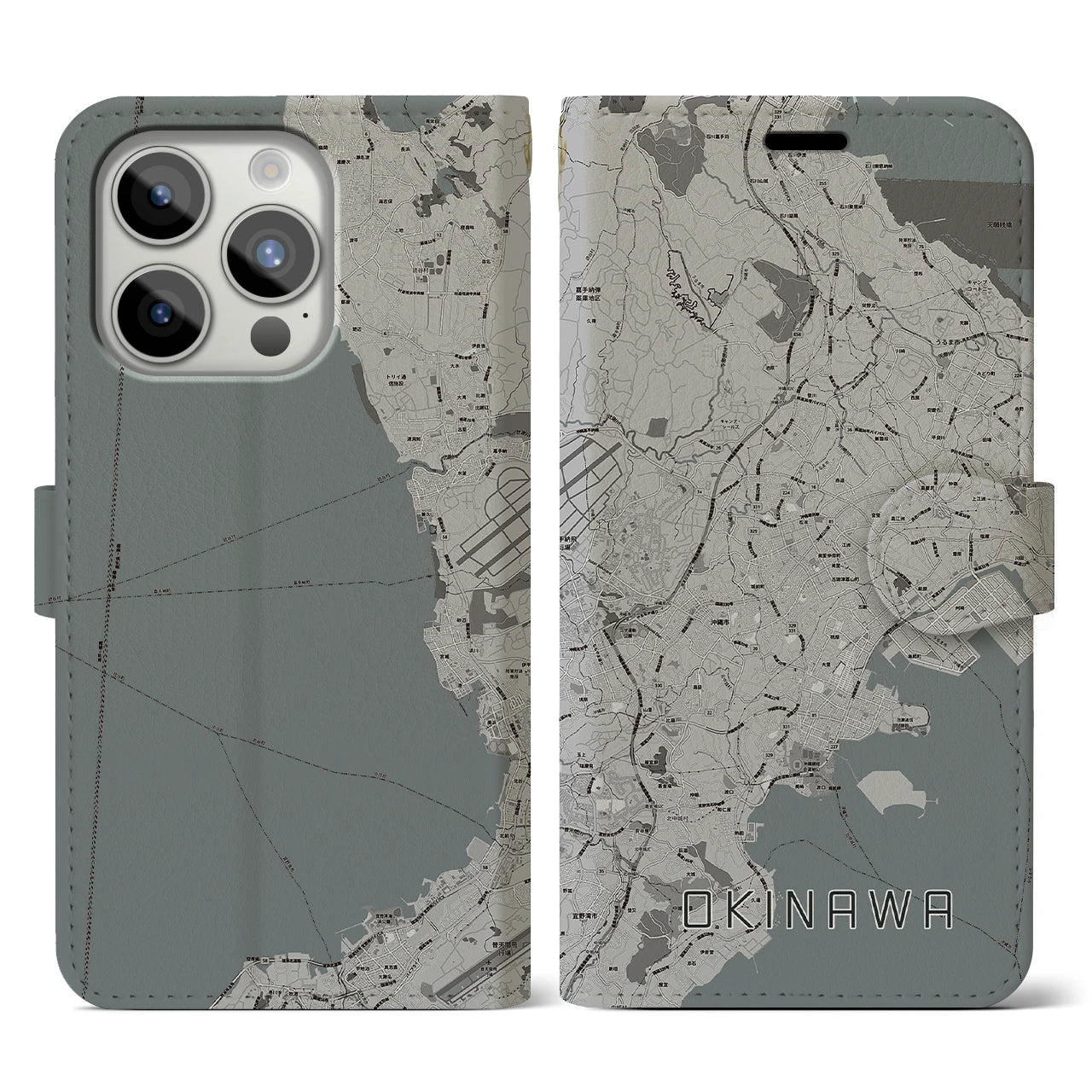 【沖縄(沖縄県)】地図柄iPhoneケース(手帳タイプ)モノトーン・iPhone 15 Pro 用