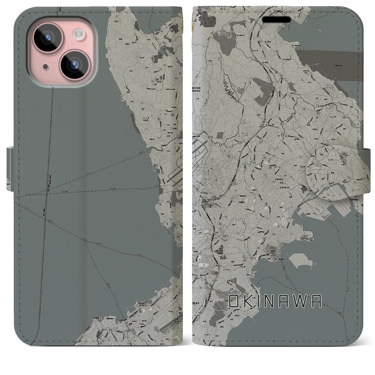 【沖縄(沖縄県)】地図柄iPhoneケース(手帳タイプ)モノトーン・iPhone 15 Plus 用