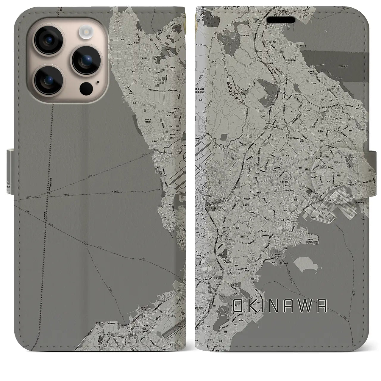 【沖縄(沖縄県)】地図柄iPhoneケース(手帳タイプ)モノトーン・iPhone 16 Plus 用