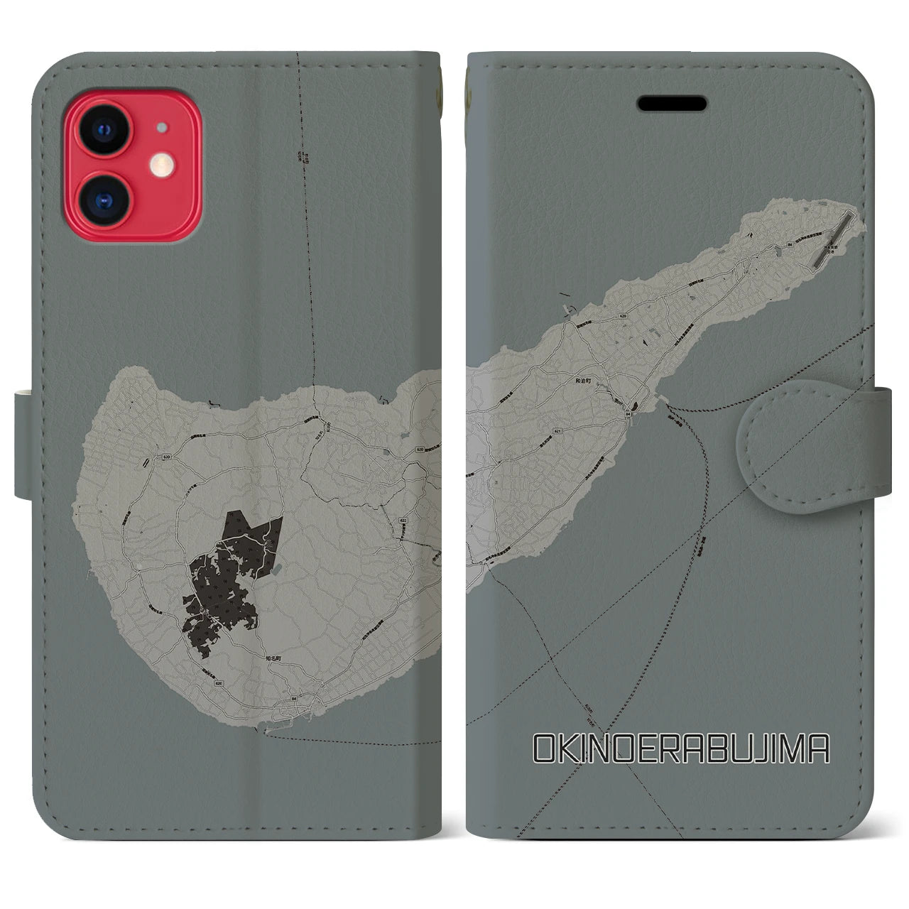 【沖永良部島(鹿児島県)】地図柄iPhoneケース(手帳タイプ)モノトーン・iPhone 11 用