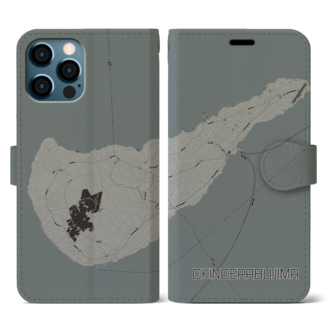 【沖永良部島(鹿児島県)】地図柄iPhoneケース(手帳タイプ)モノトーン・iPhone 12 / 12 Pro 用