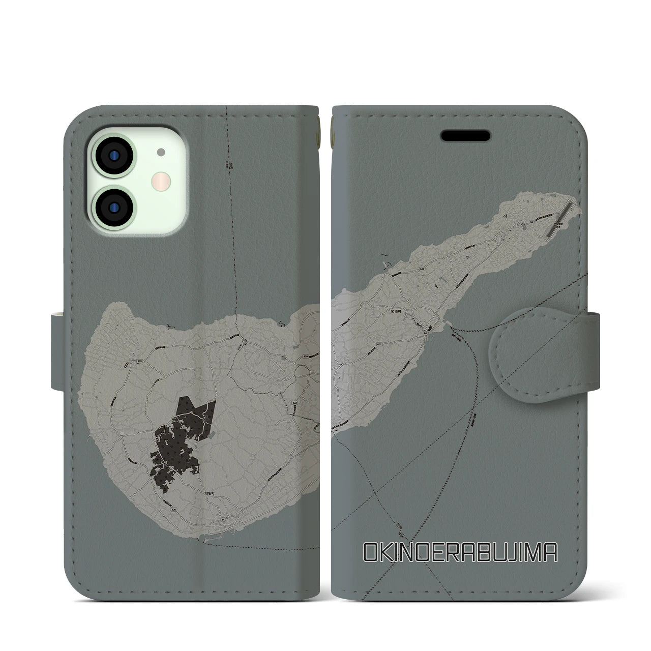 【沖永良部島(鹿児島県)】地図柄iPhoneケース(手帳タイプ)モノトーン・iPhone 12 mini 用