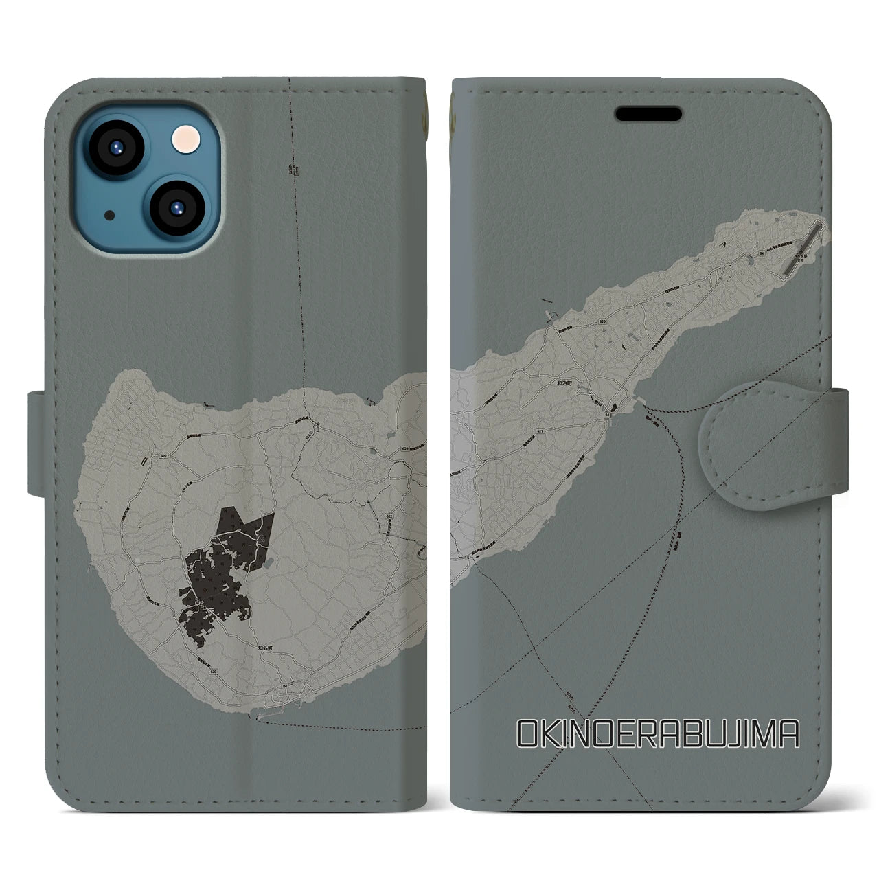 【沖永良部島(鹿児島県)】地図柄iPhoneケース(手帳タイプ)モノトーン・iPhone 13 用