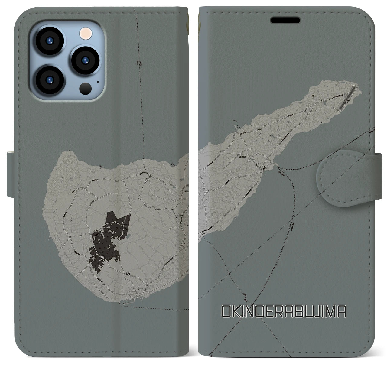 【沖永良部島(鹿児島県)】地図柄iPhoneケース(手帳タイプ)モノトーン・iPhone 13 Pro Max 用