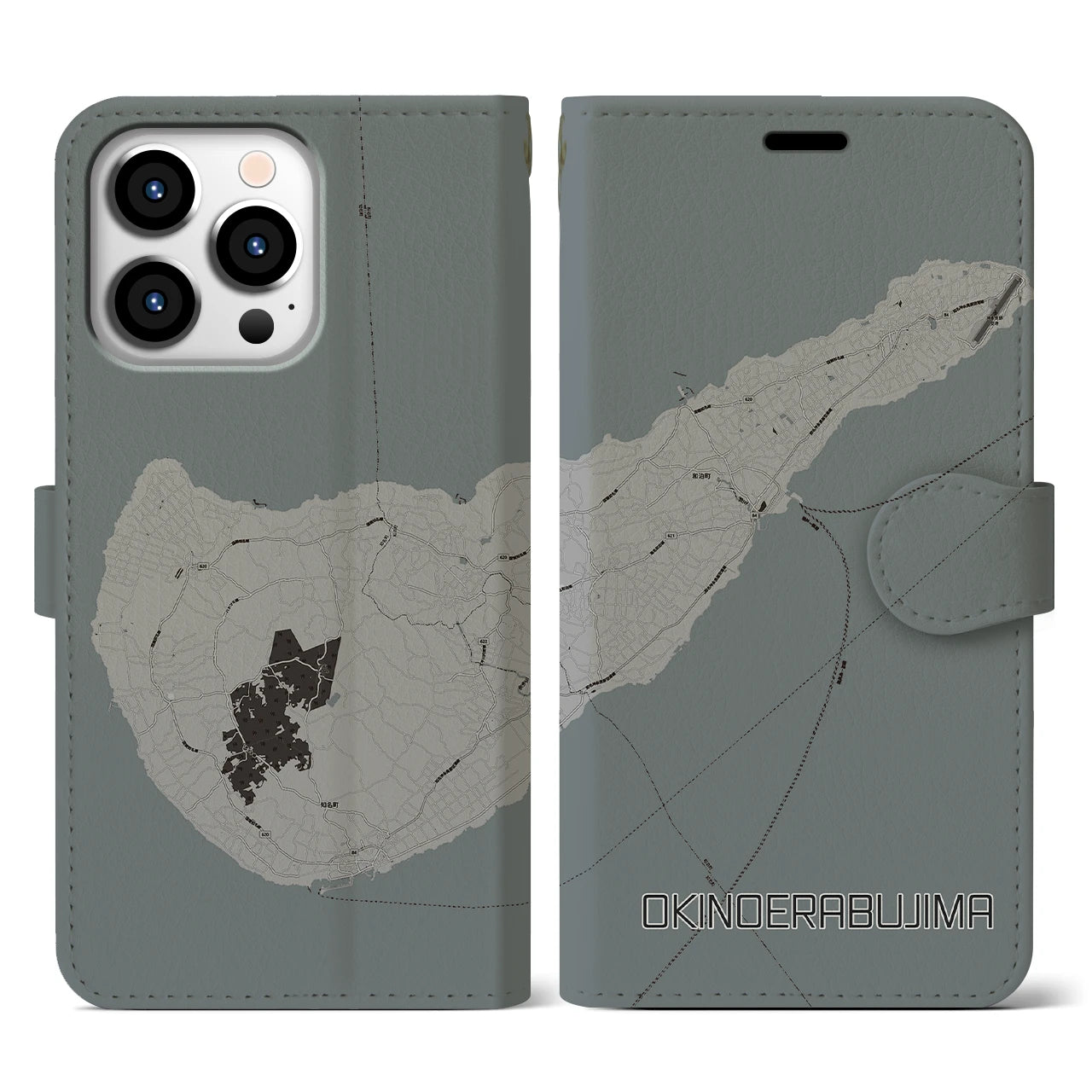 【沖永良部島(鹿児島県)】地図柄iPhoneケース(手帳タイプ)モノトーン・iPhone 13 Pro 用