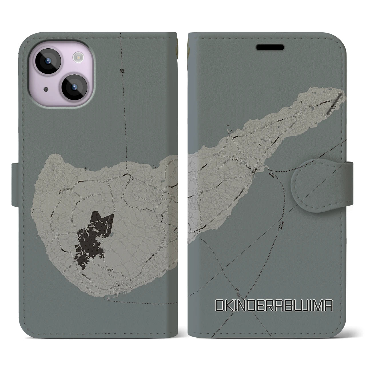 【沖永良部島(鹿児島県)】地図柄iPhoneケース(手帳タイプ)モノトーン・iPhone 14 用