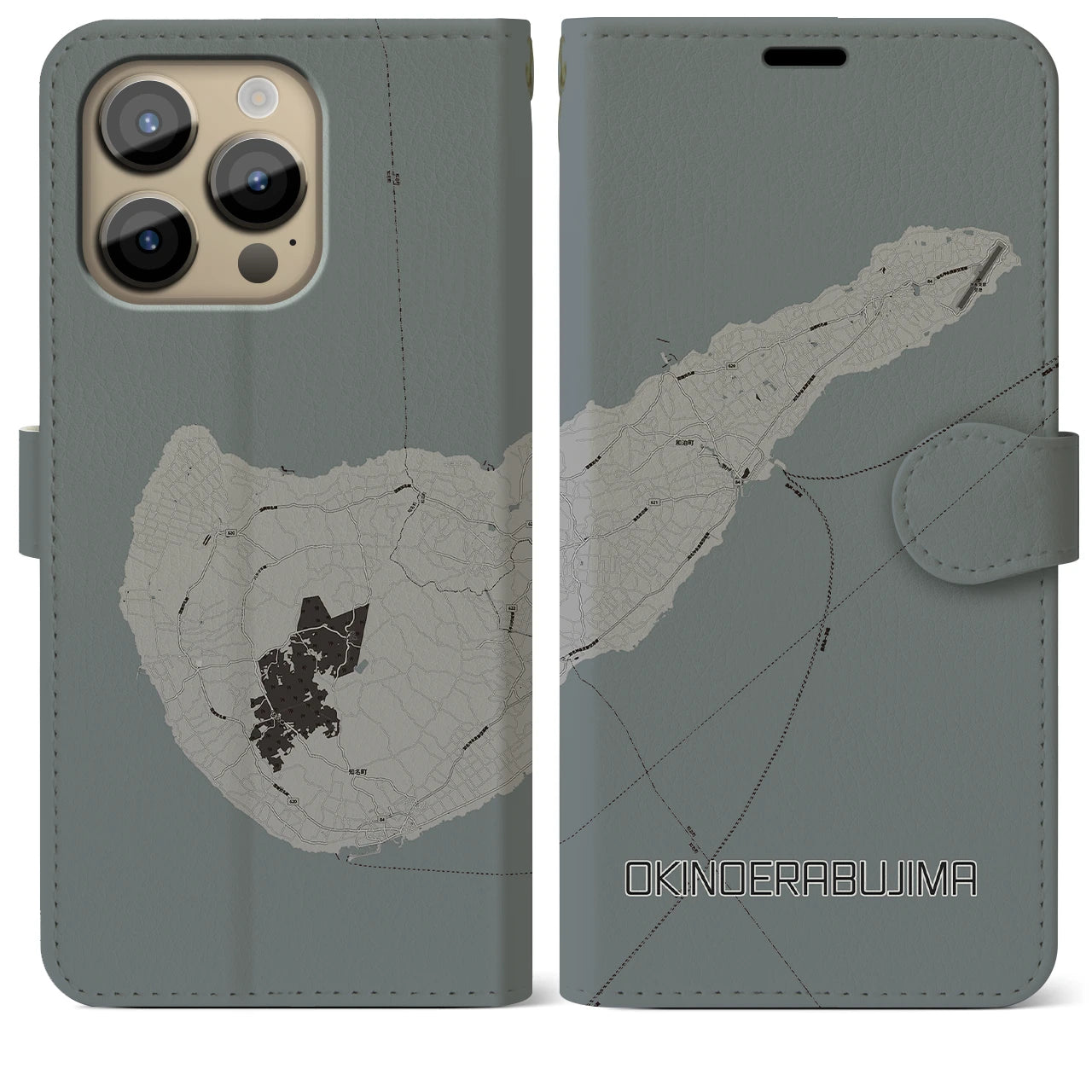 【沖永良部島(鹿児島県)】地図柄iPhoneケース(手帳タイプ)モノトーン・iPhone 14 Pro Max 用