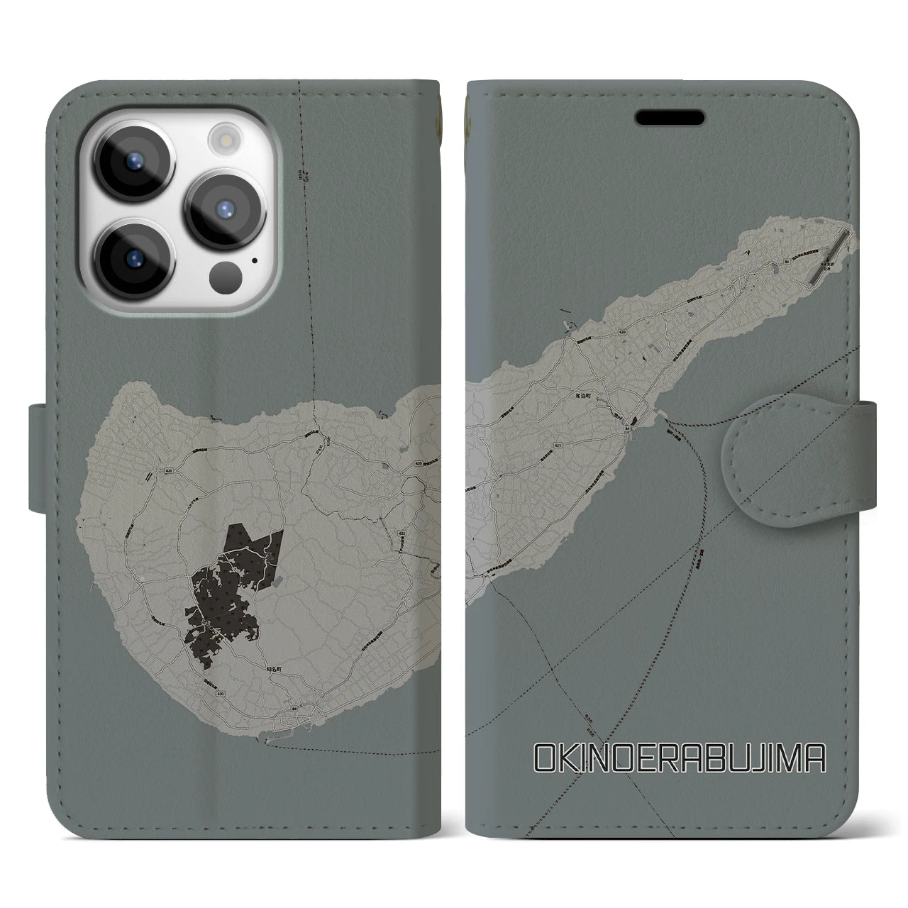 【沖永良部島(鹿児島県)】地図柄iPhoneケース(手帳タイプ)モノトーン・iPhone 14 Pro 用