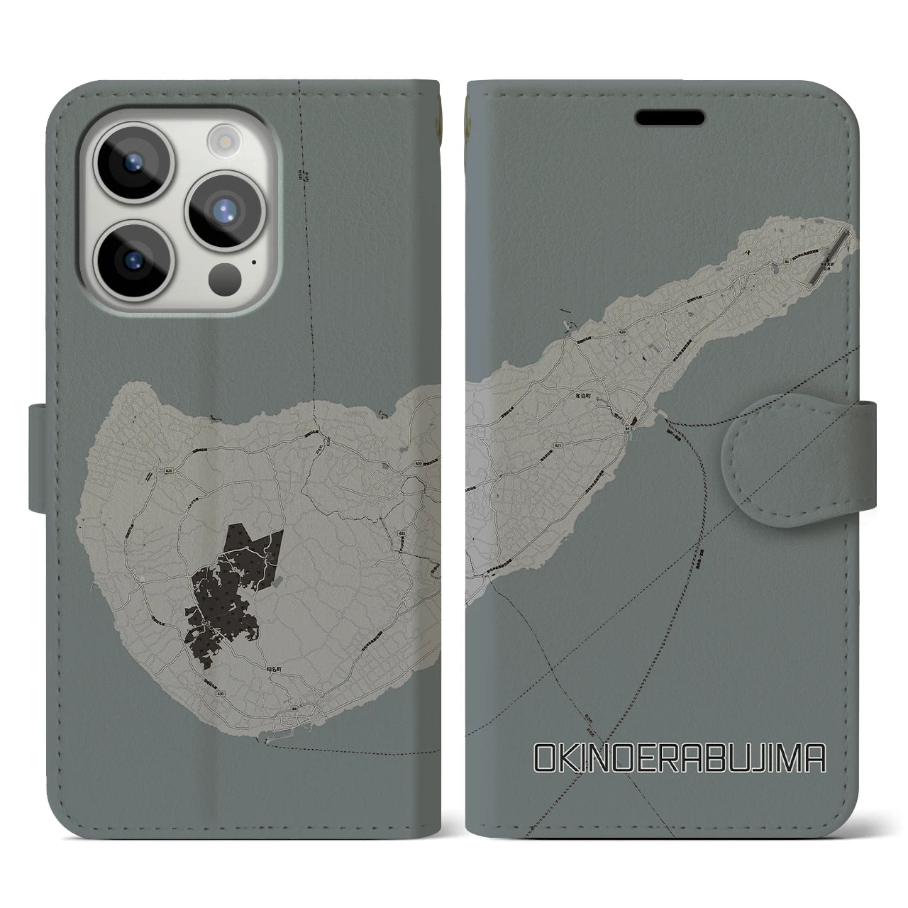 【沖永良部島(鹿児島県)】地図柄iPhoneケース(手帳タイプ)モノトーン・iPhone 15 Pro 用