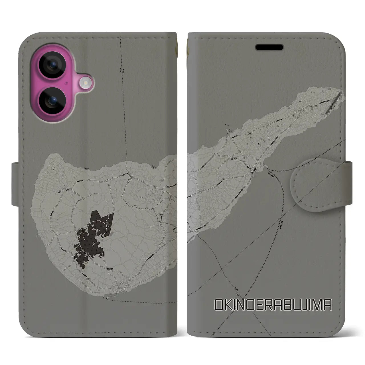 【沖永良部島(鹿児島県)】地図柄iPhoneケース(手帳タイプ)モノトーン・iPhone 16 Pro 用