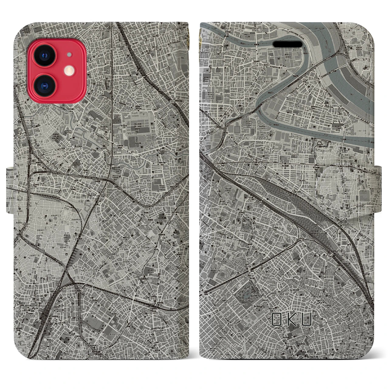 【尾久(東京都)】地図柄iPhoneケース(手帳タイプ)モノトーン・iPhone 11 用