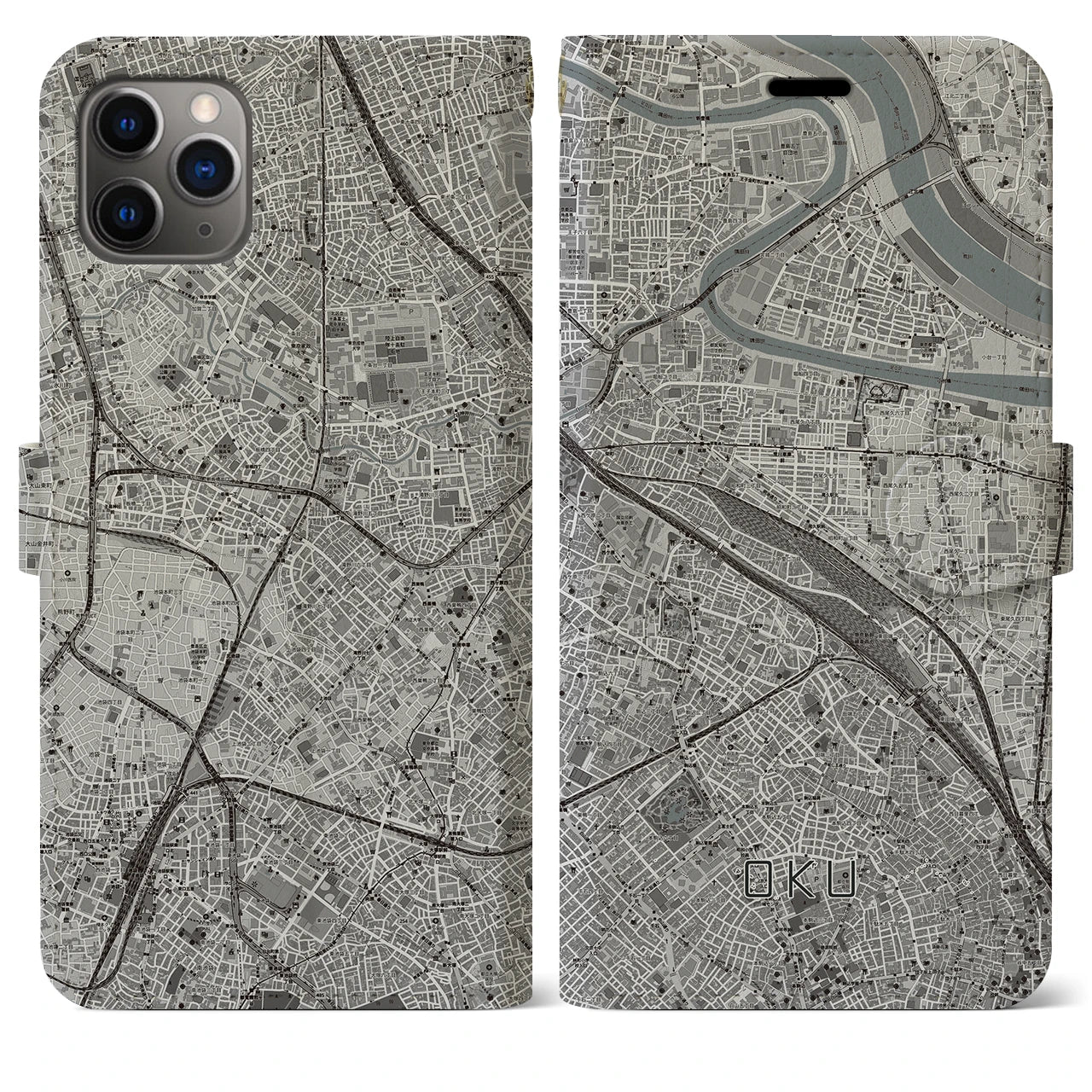 【尾久(東京都)】地図柄iPhoneケース(手帳タイプ)モノトーン・iPhone 11 Pro Max 用