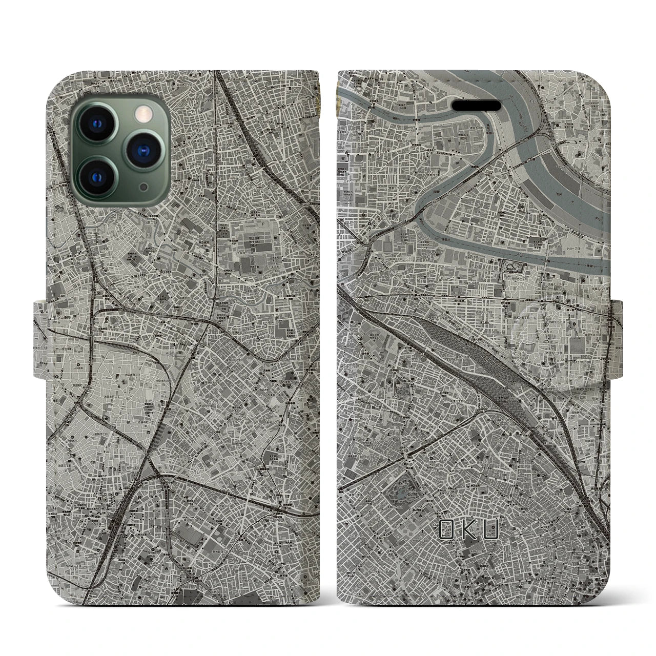 【尾久(東京都)】地図柄iPhoneケース(手帳タイプ)モノトーン・iPhone 11 Pro 用