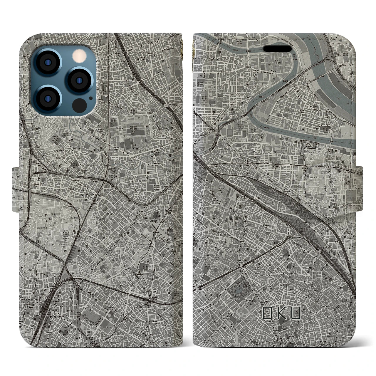 【尾久(東京都)】地図柄iPhoneケース(手帳タイプ)モノトーン・iPhone 12 / 12 Pro 用