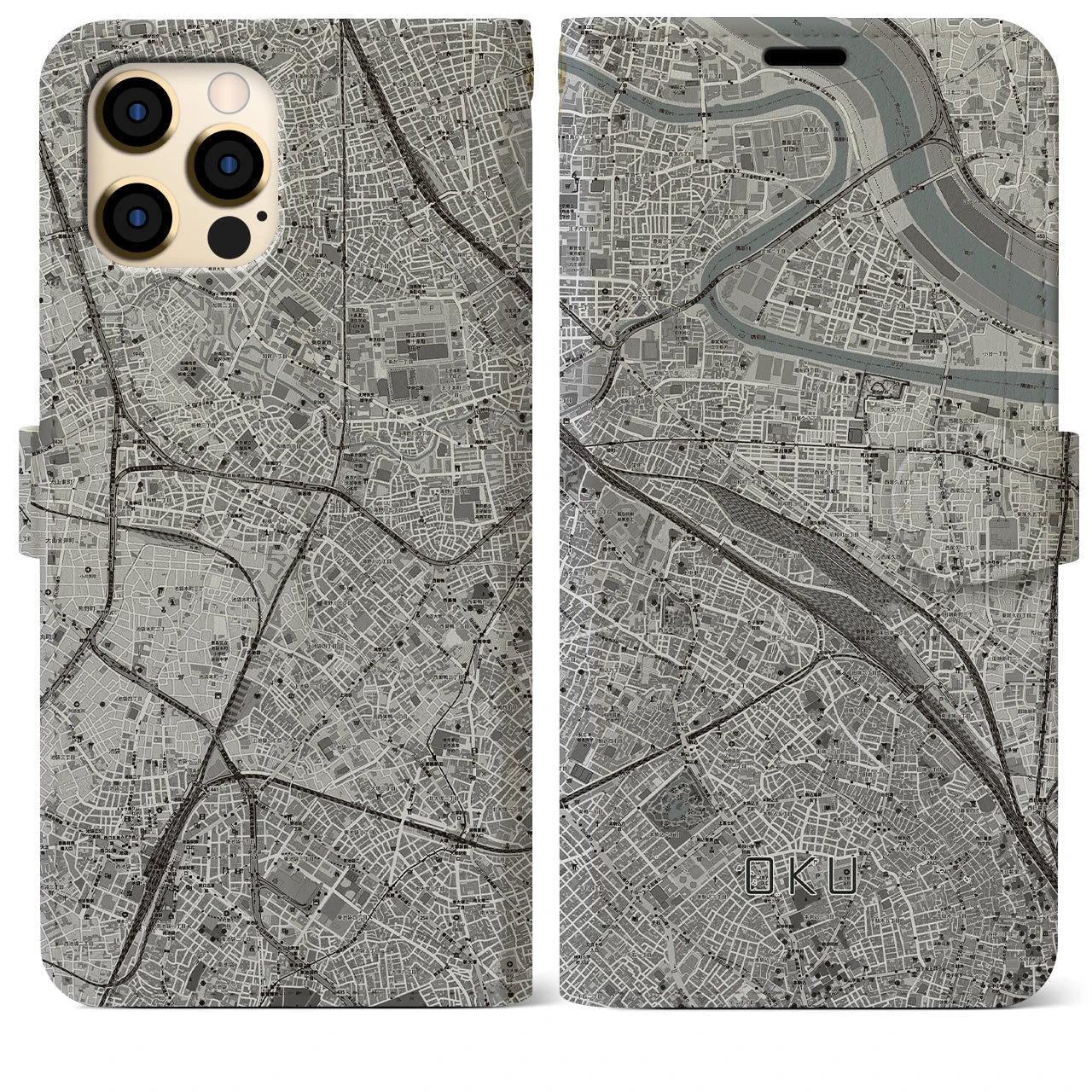 【尾久(東京都)】地図柄iPhoneケース(手帳タイプ)モノトーン・iPhone 12 Pro Max 用