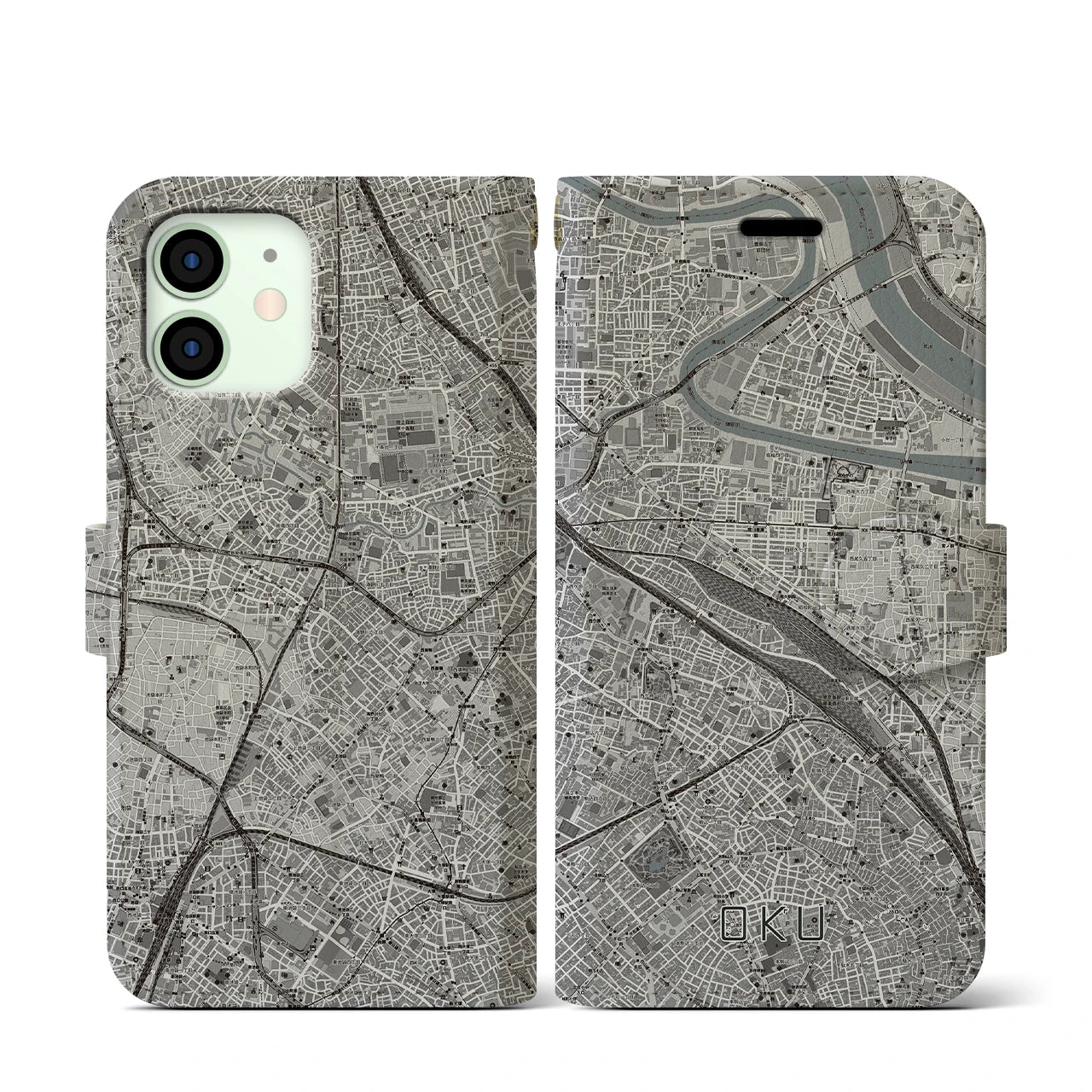 【尾久(東京都)】地図柄iPhoneケース(手帳タイプ)モノトーン・iPhone 12 mini 用