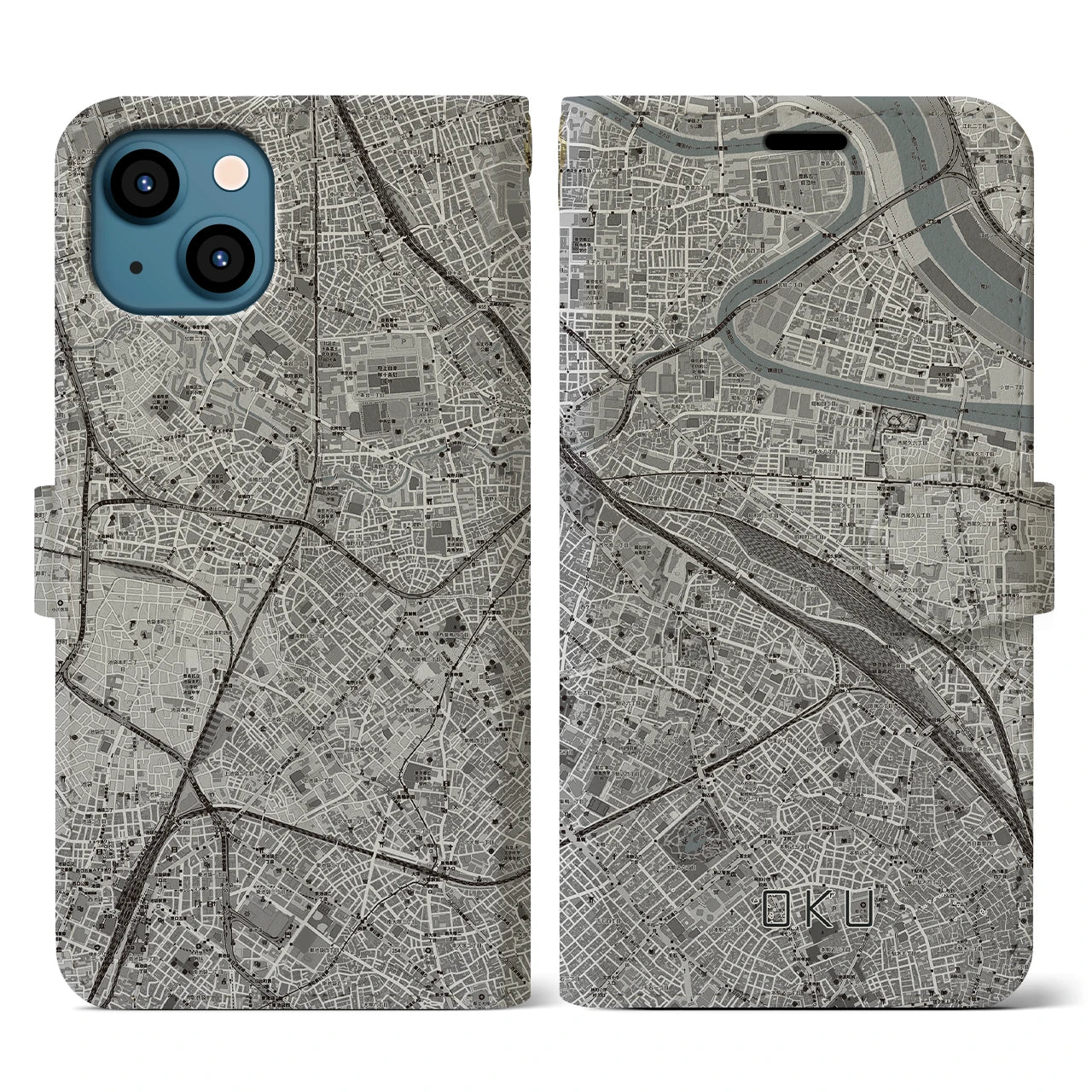 【尾久(東京都)】地図柄iPhoneケース(手帳タイプ)モノトーン・iPhone 13 用
