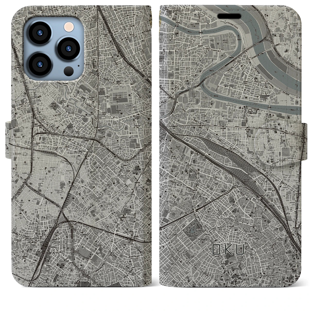 【尾久(東京都)】地図柄iPhoneケース(手帳タイプ)モノトーン・iPhone 13 Pro Max 用
