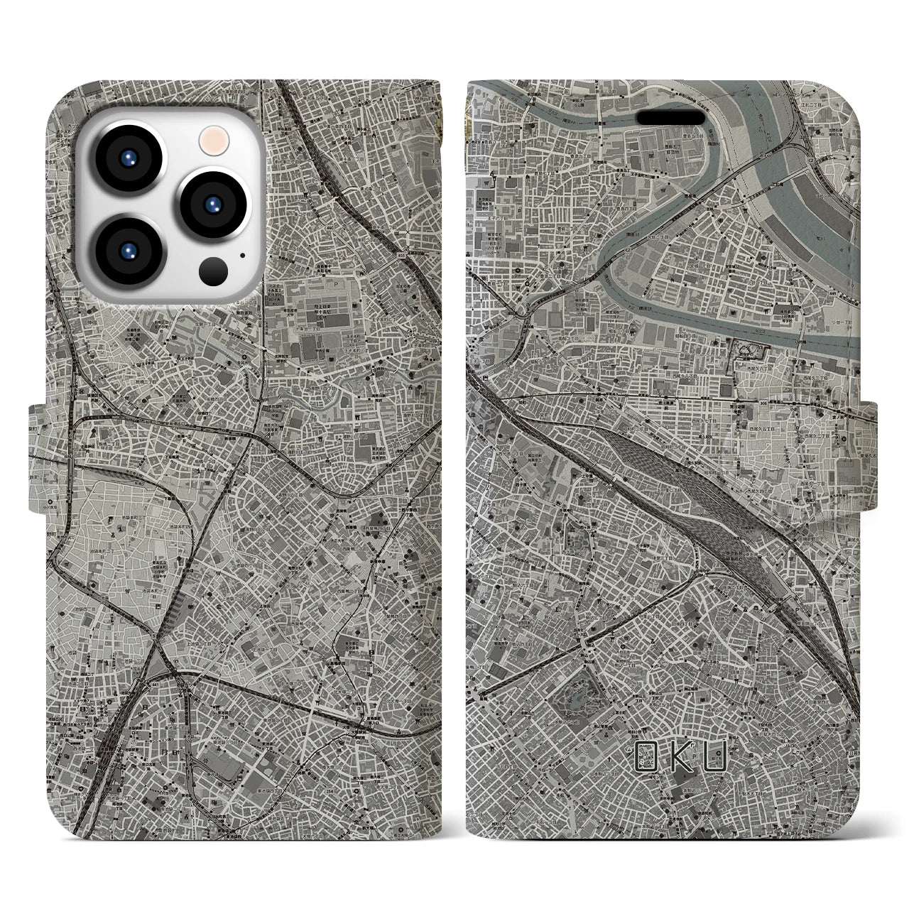 【尾久(東京都)】地図柄iPhoneケース(手帳タイプ)モノトーン・iPhone 13 Pro 用