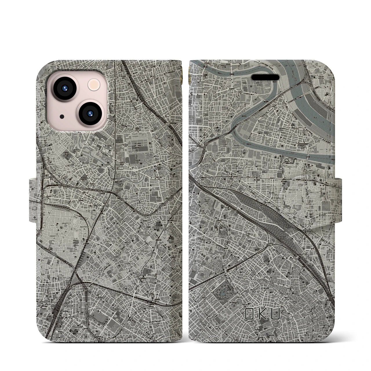 【尾久(東京都)】地図柄iPhoneケース(手帳タイプ)モノトーン・iPhone 13 mini 用