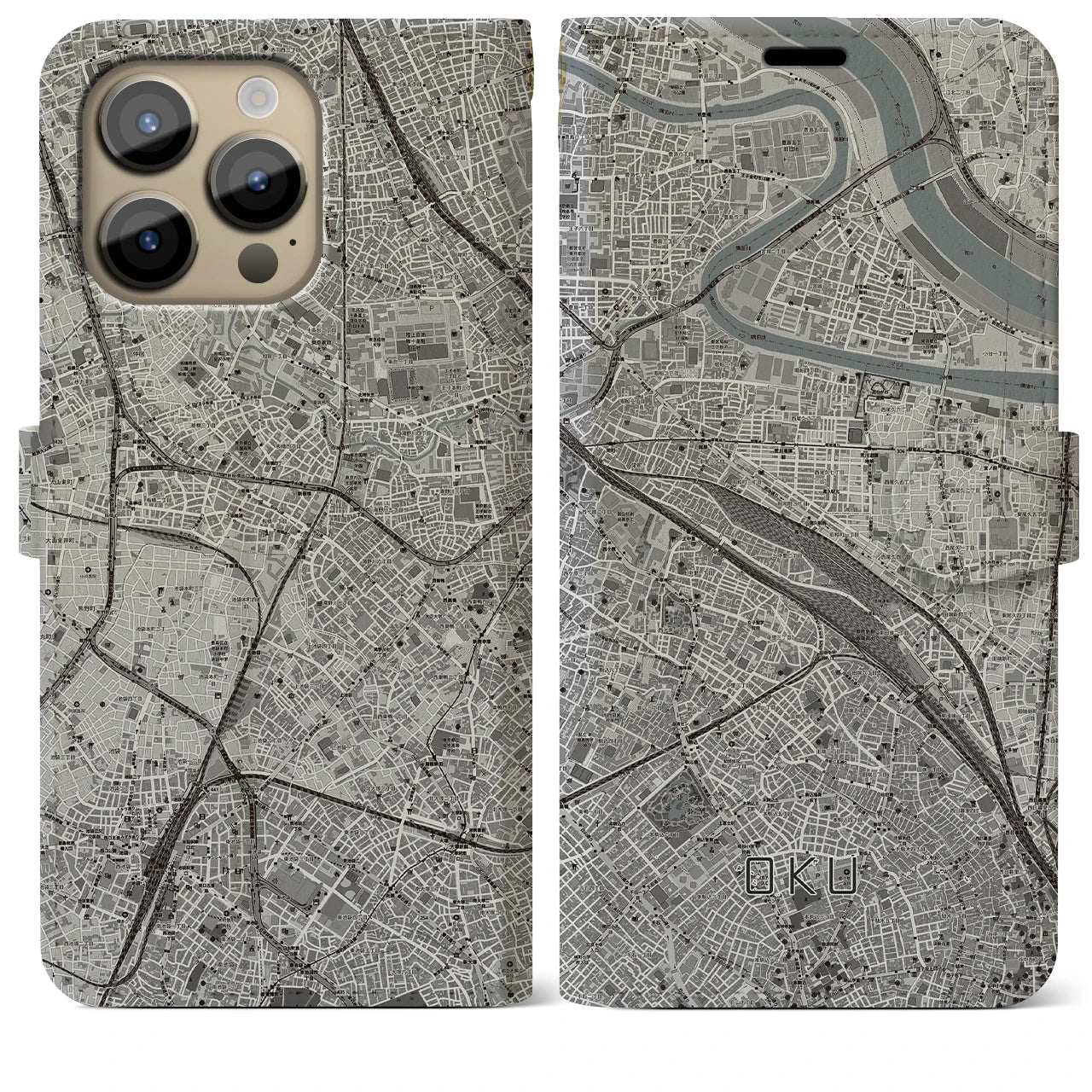 【尾久(東京都)】地図柄iPhoneケース(手帳タイプ)モノトーン・iPhone 14 Pro Max 用