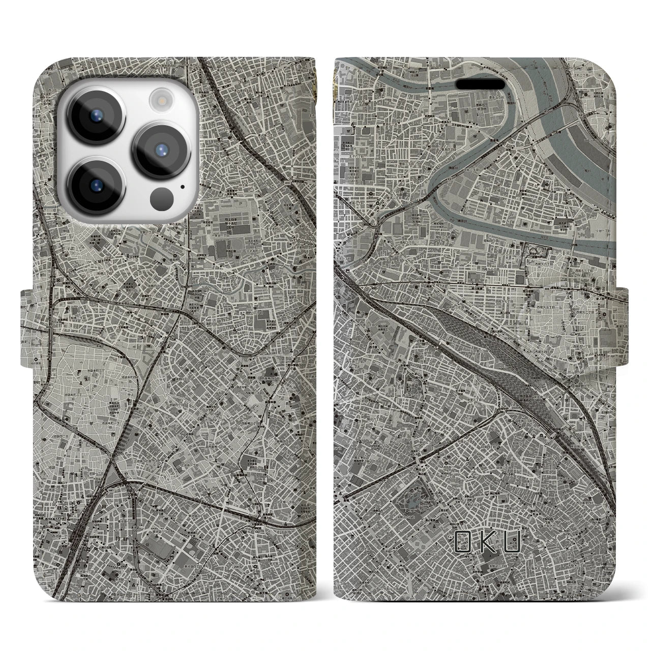 【尾久(東京都)】地図柄iPhoneケース(手帳タイプ)モノトーン・iPhone 14 Pro 用