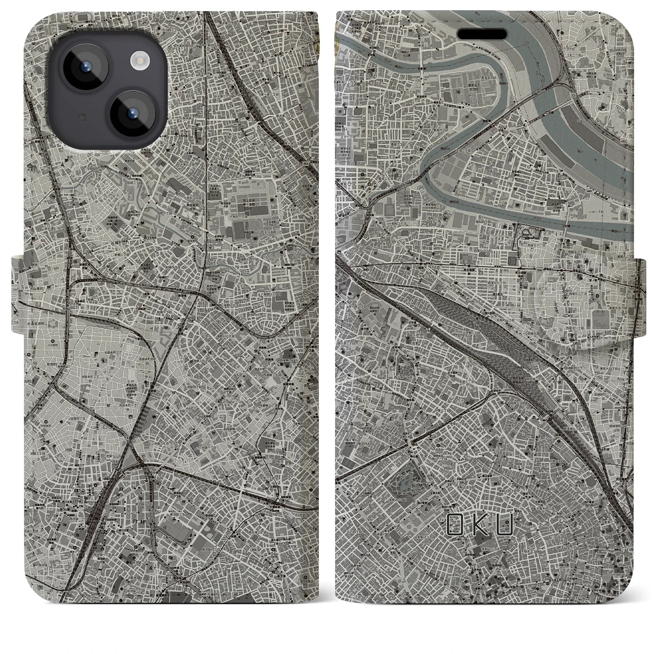 【尾久(東京都)】地図柄iPhoneケース(手帳タイプ)モノトーン・iPhone 14 Plus 用