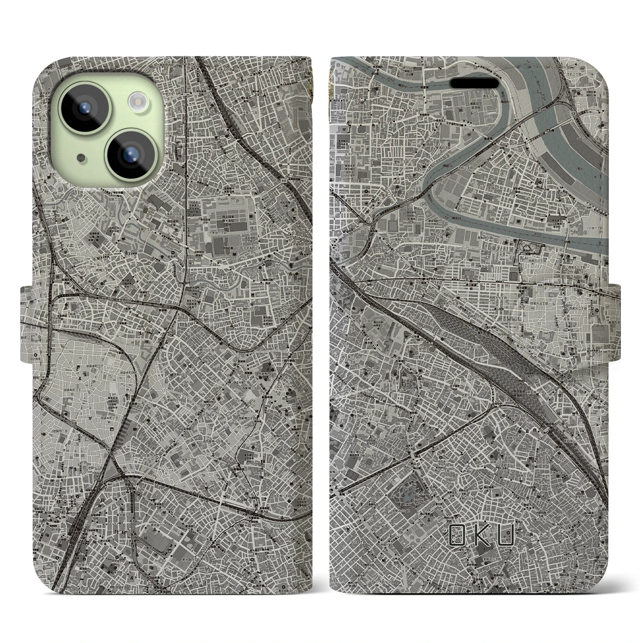 【尾久(東京都)】地図柄iPhoneケース(手帳タイプ)モノトーン・iPhone 15 用