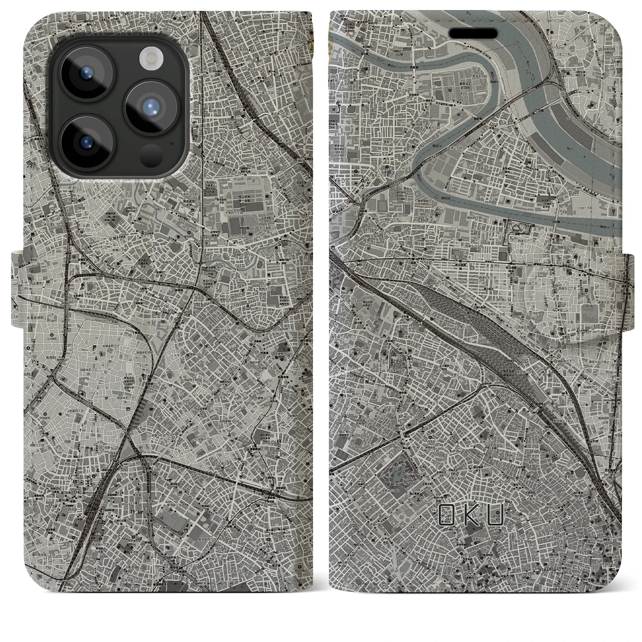 【尾久(東京都)】地図柄iPhoneケース(手帳タイプ)モノトーン・iPhone 15 Pro Max 用