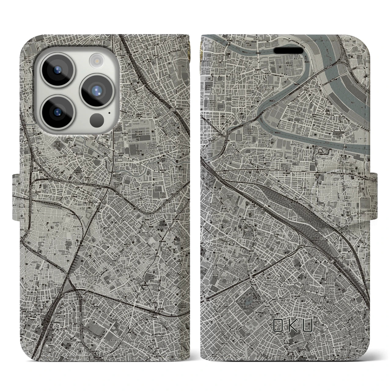 【尾久(東京都)】地図柄iPhoneケース(手帳タイプ)モノトーン・iPhone 15 Pro 用