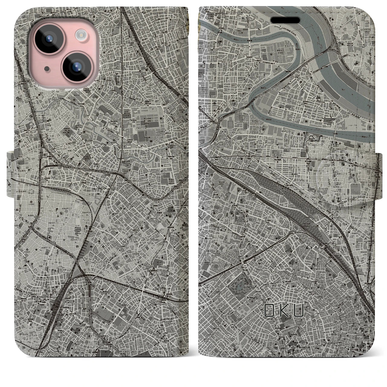 【尾久(東京都)】地図柄iPhoneケース(手帳タイプ)モノトーン・iPhone 15 Plus 用