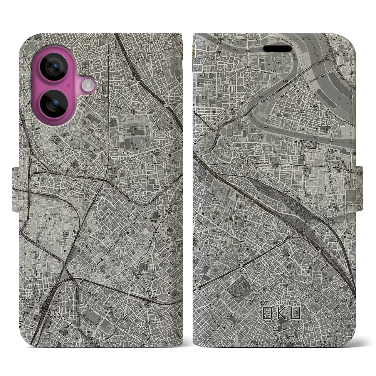 【尾久(東京都)】地図柄iPhoneケース(手帳タイプ)モノトーン・iPhone 16 Pro 用