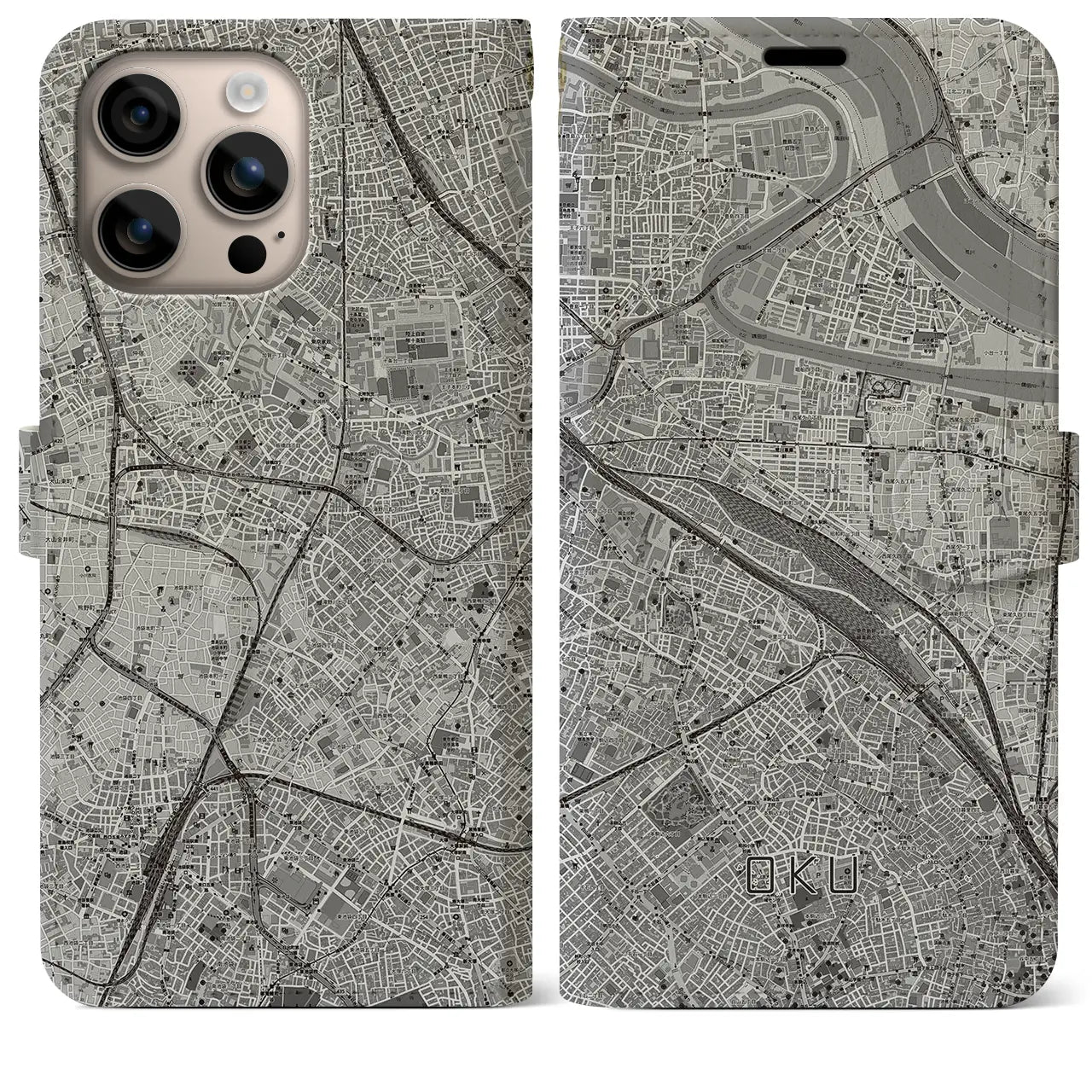 【尾久(東京都)】地図柄iPhoneケース(手帳タイプ)モノトーン・iPhone 16 Plus 用