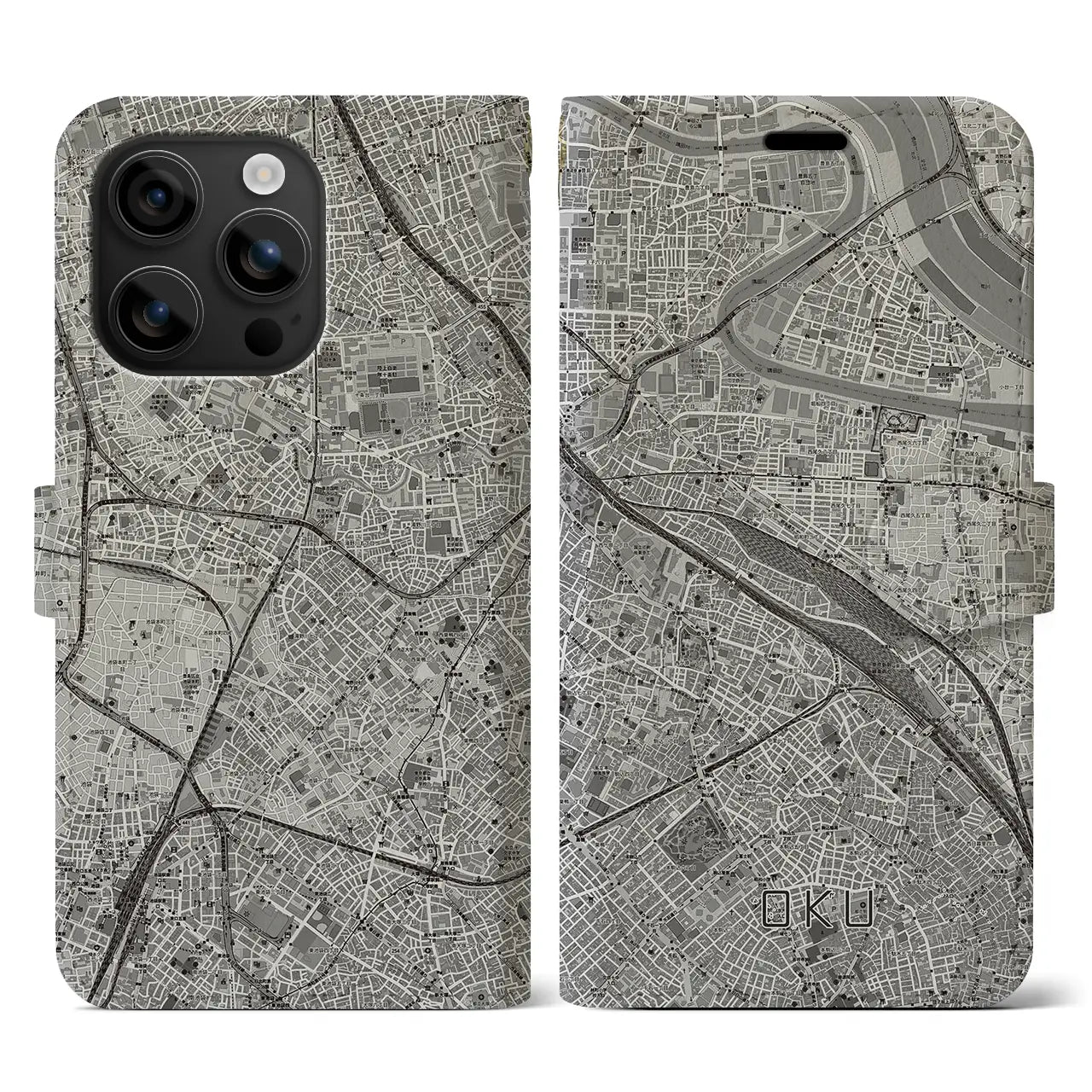 【尾久(東京都)】地図柄iPhoneケース(手帳タイプ)モノトーン・iPhone 16 用
