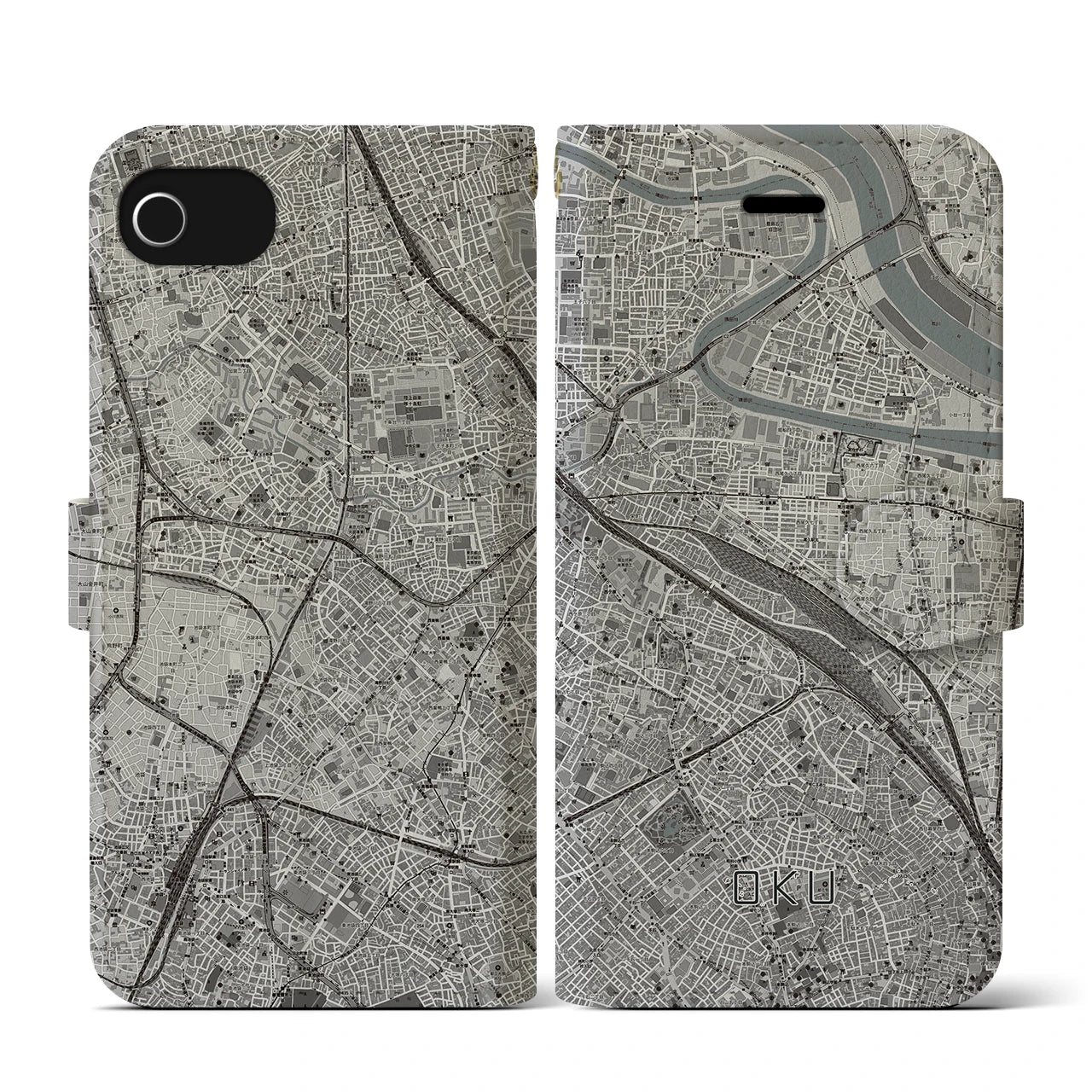 【尾久(東京都)】地図柄iPhoneケース(手帳タイプ)モノトーン・iPhone SE(第3 / 第2世代) / 8 / 7 / 6s / 6 用
