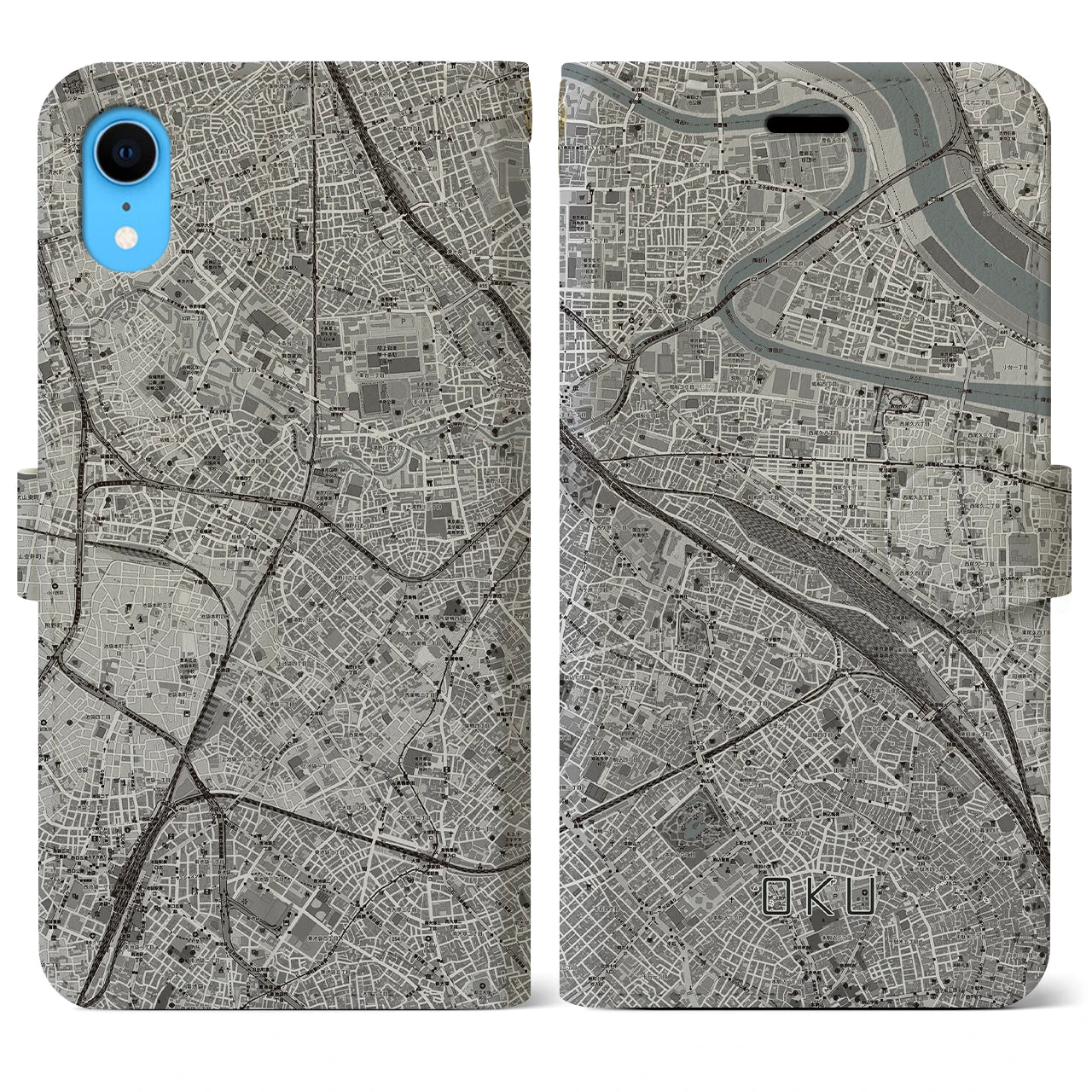 【尾久(東京都)】地図柄iPhoneケース(手帳タイプ)モノトーン・iPhone XR 用