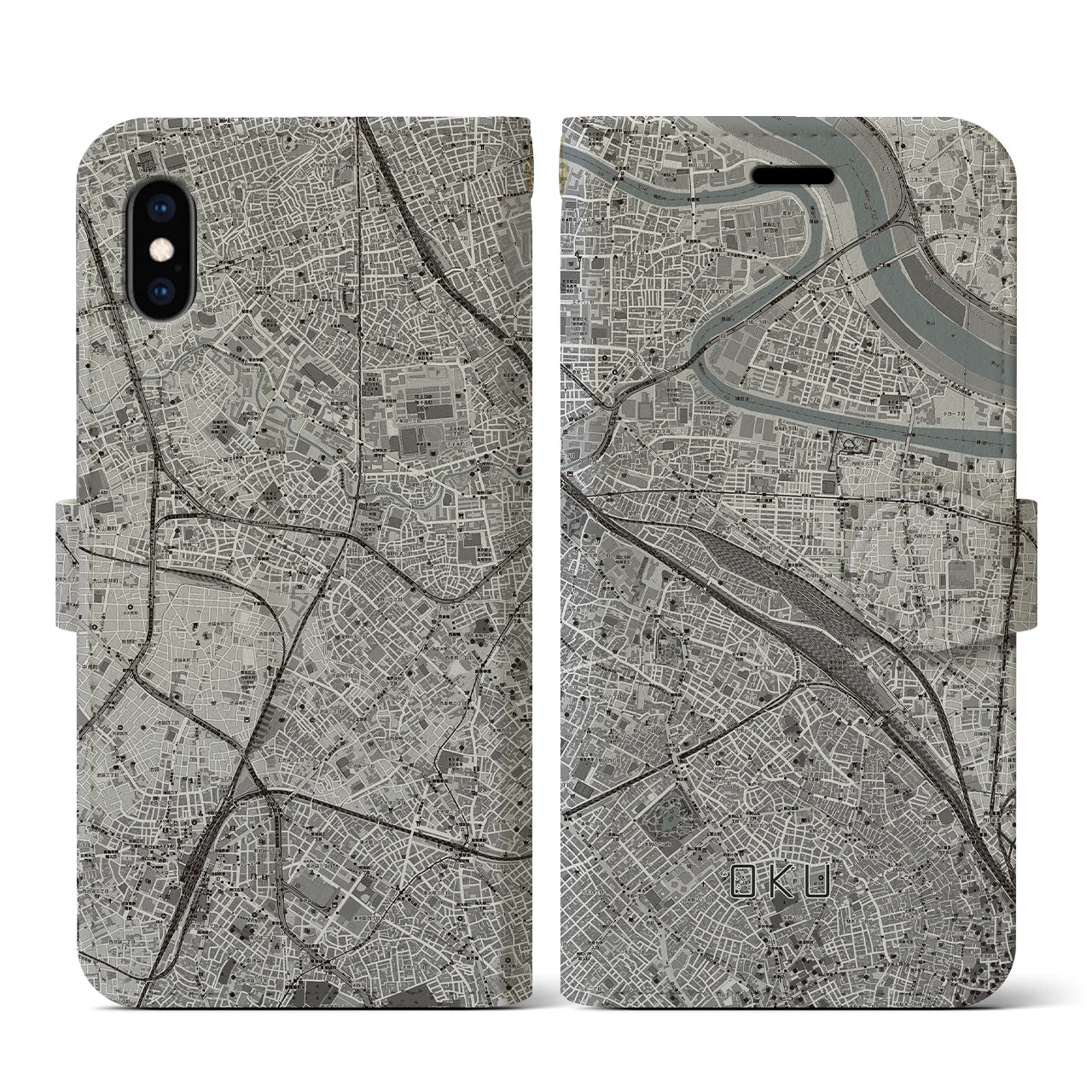 【尾久(東京都)】地図柄iPhoneケース(手帳タイプ)モノトーン・iPhone XS / X 用