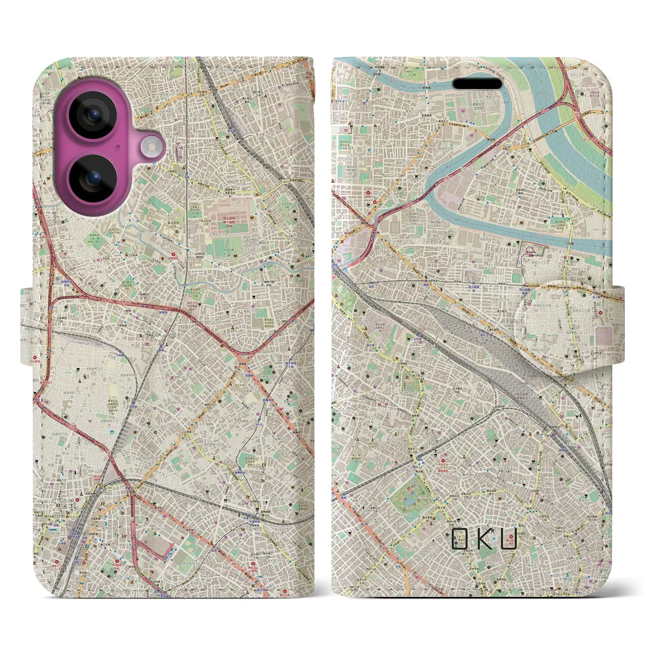 【尾久(東京都)】地図柄iPhoneケース(手帳タイプ)ナチュラル・iPhone 16 Pro 用