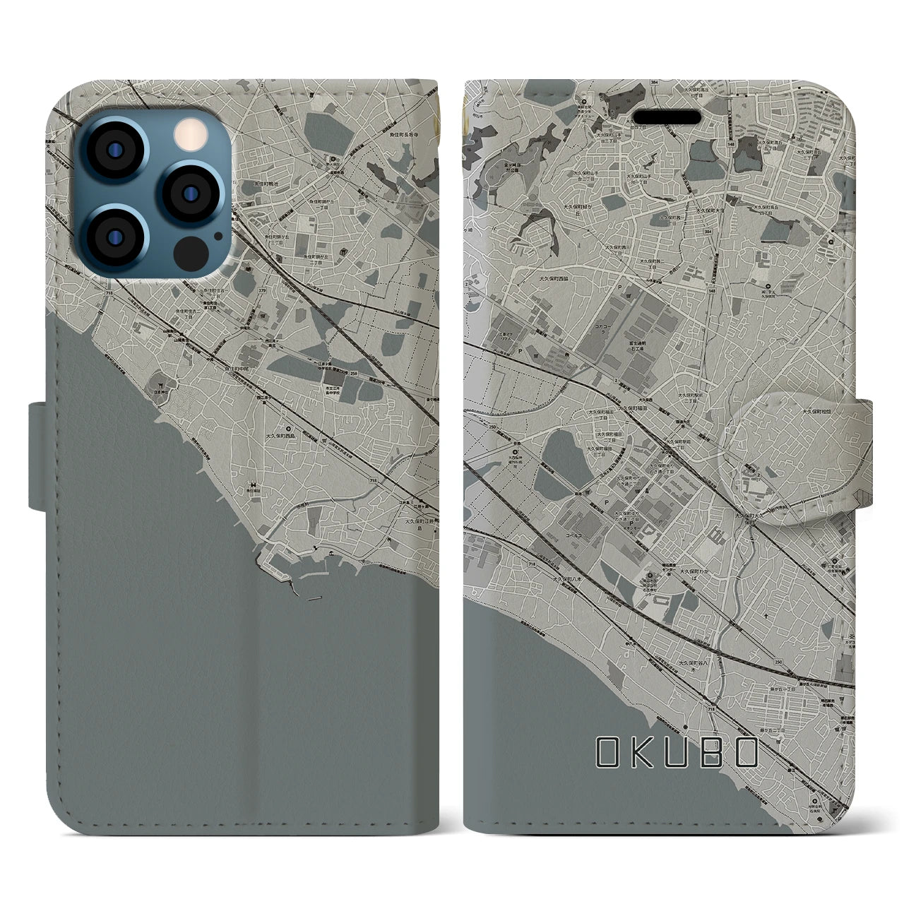 【大久保(兵庫県)】地図柄iPhoneケース(手帳タイプ)モノトーン・iPhone 12 / 12 Pro 用