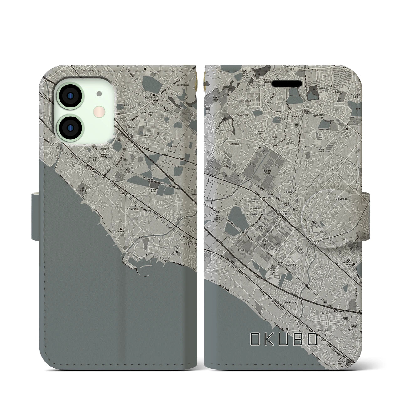 【大久保(兵庫県)】地図柄iPhoneケース(手帳タイプ)モノトーン・iPhone 12 mini 用