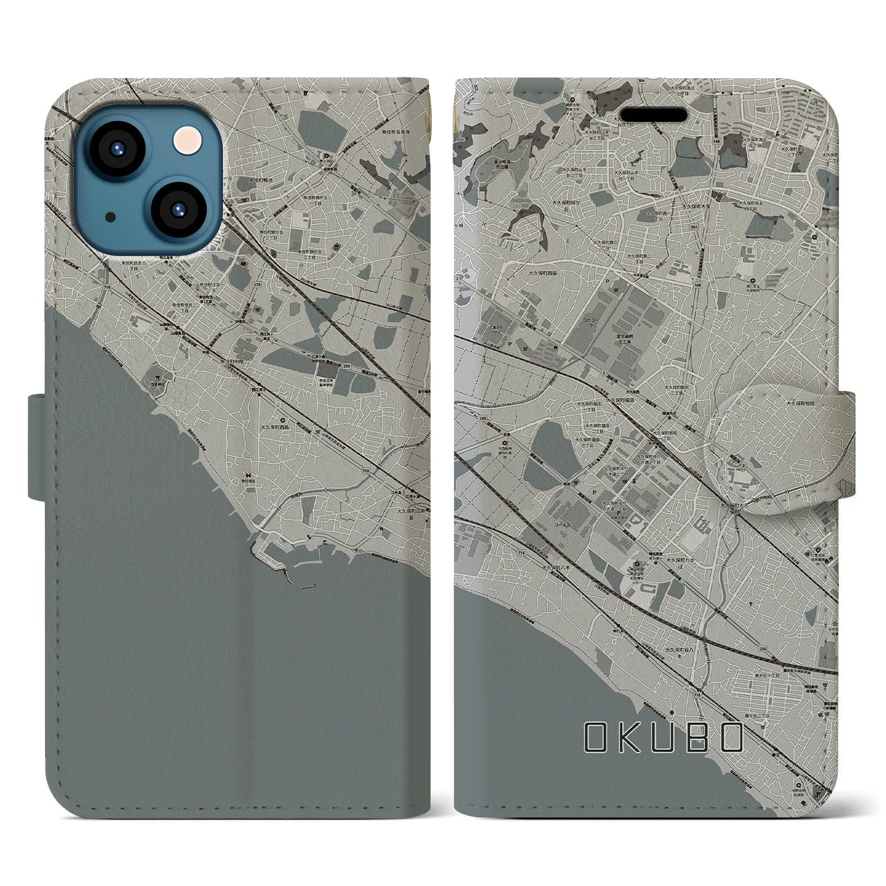 【大久保(兵庫県)】地図柄iPhoneケース(手帳タイプ)モノトーン・iPhone 13 用
