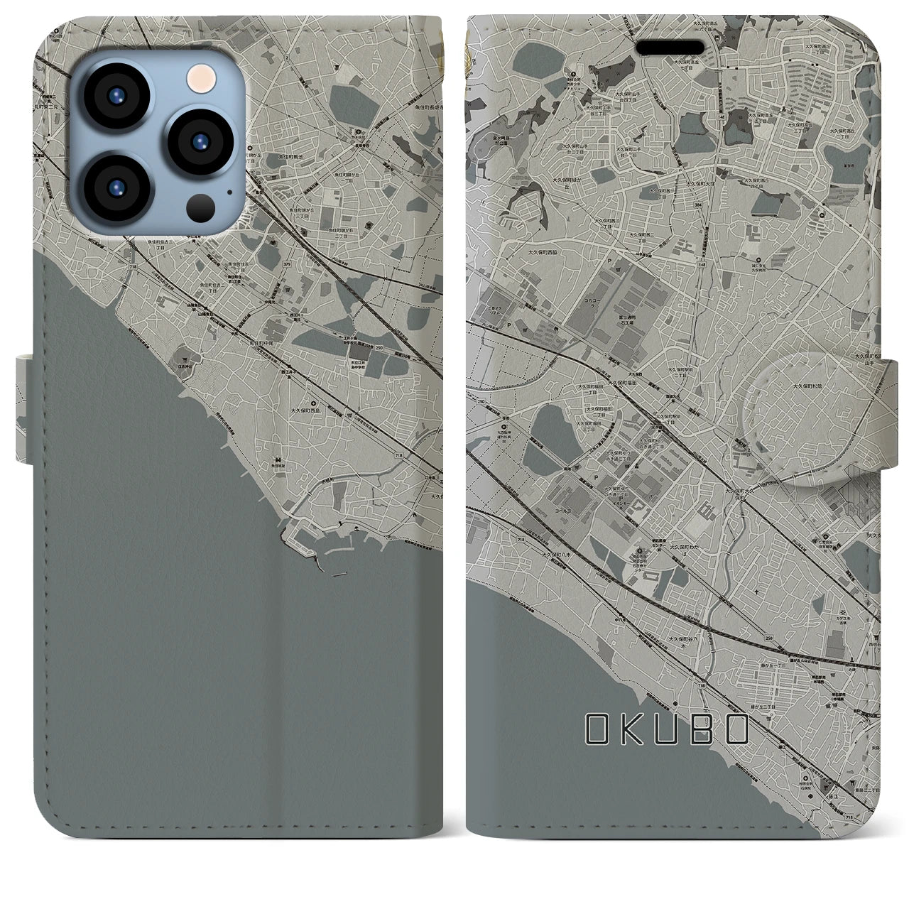 【大久保(兵庫県)】地図柄iPhoneケース(手帳タイプ)モノトーン・iPhone 13 Pro Max 用